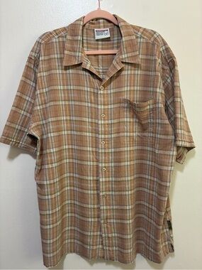 Platinum Fubu Short-Sleeve Brown plaid linen cotton blend shirt size xl